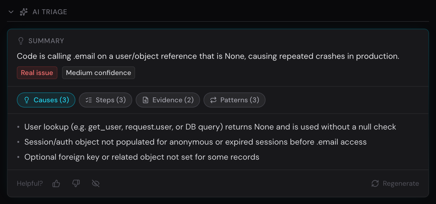 AI triage on an AttributeError: summary, confidence, and three ranked likely causes